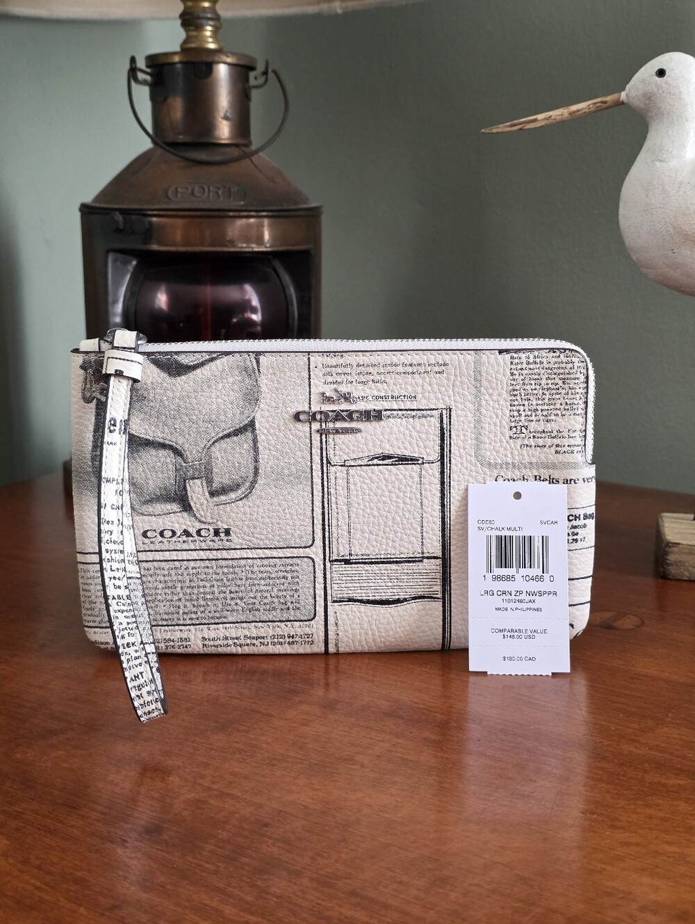 Coach CDE80 Large Corner Zip Wristlet Chalk Newspaper Print Leather NWT